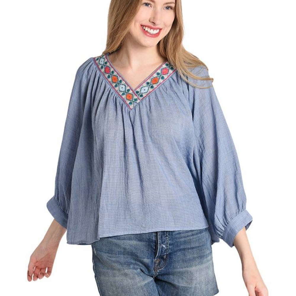 Boho Floral Embroidered Peasant Blouse